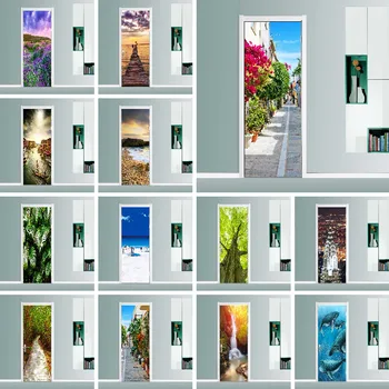 

PVC Self-adhesive Door Sticker Seascape 3D Photo Wallpaper Mural Living Room Bedroom Door Decoration Forest Landscape Stickers