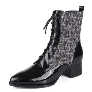 

Matin Boots Pointed Square Heel High-top Women Shoes Ankle Booties Splicing Cloth 2020 New Fashion Casual Thick Heel Leather