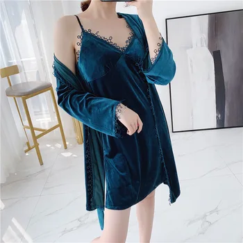 

Blue Velvet 2PCS Nightgown Kimono Bathrobe Gown Female Nightwear Twinset Robe Set Sexy Velour Sleepwear Intimate Lingerie