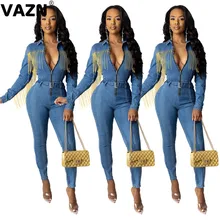 VAZN NK060 с отложным воротником джинсовые новые спортивные костюмы комбинезоны с длинным рукавом облегающие длинные рукава женские бандажные длинные узкие комбинезоны