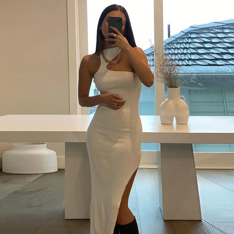 Abito lungo aderente con scollo all'americana a costine abito da sera lungo  aderente con spacco alto bianco elegante vestito estivo da sera Casual da  donna fata - AliExpress Women's Clothing