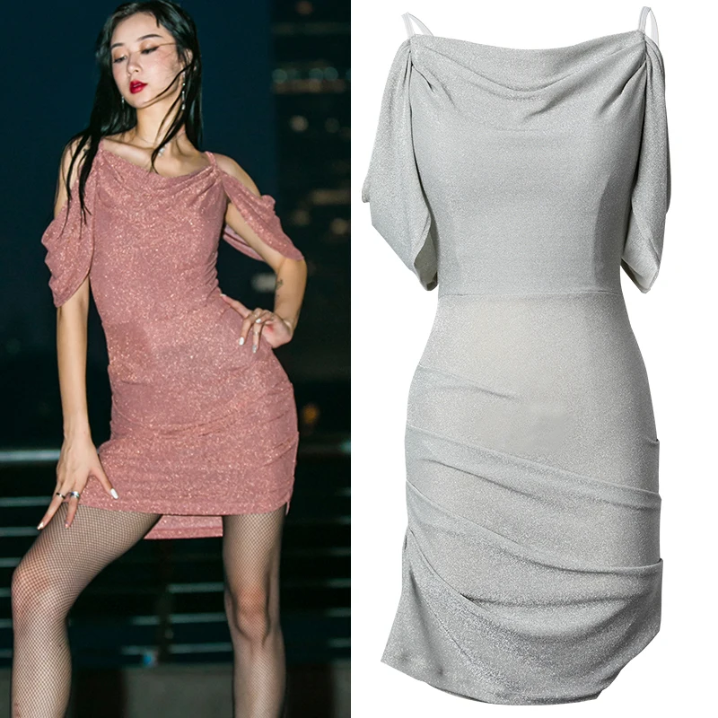 Блестящее платье для латинских танцев женское сексуальное с открытыми плечами и