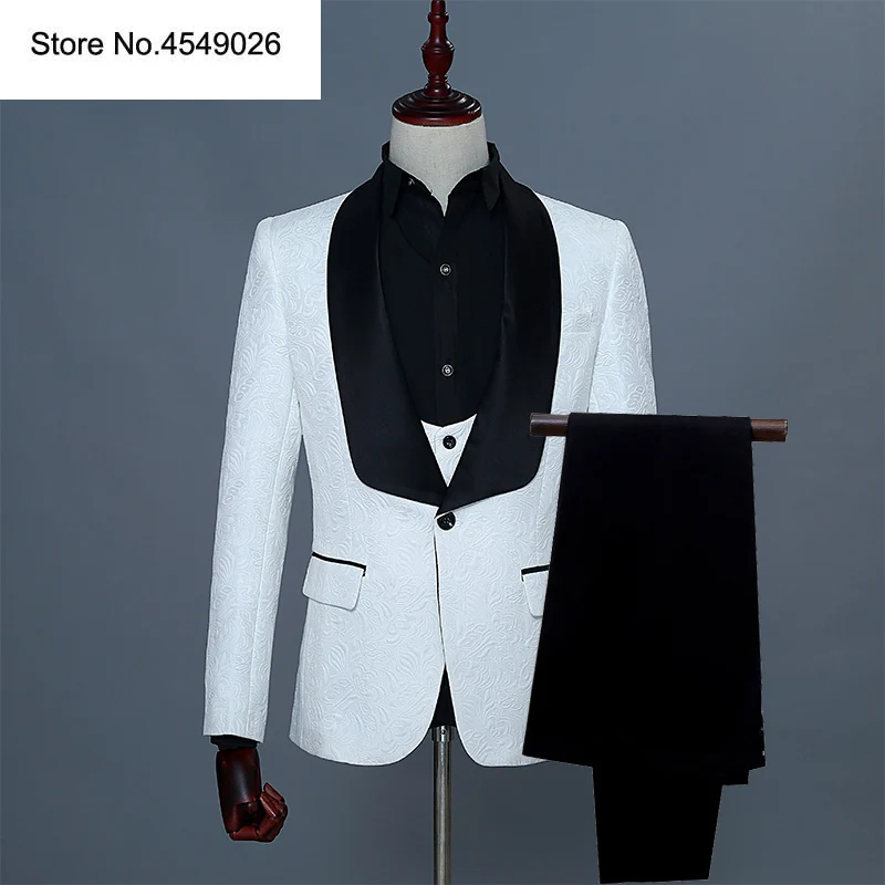 

3 Pieces Shawl Lapel Man Suit Groom Wedding Men's Blazer Groomsmen Suits With Jacket Vest Pants Tie 3 Colors Red Pink White