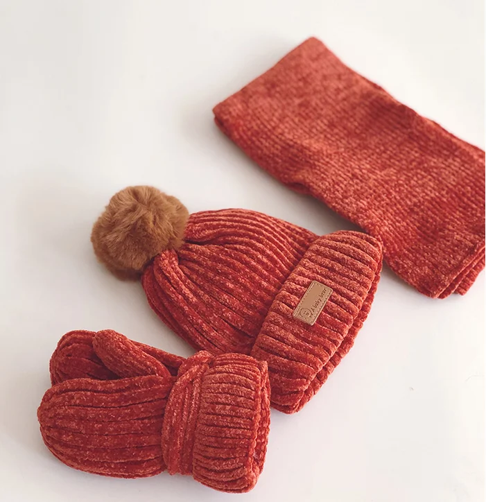 7 3PCS Fashion Cotton Baby knit Hat Scarf Gloves Autumn Winter Children Scarf-collar Boys Girls Warm Beanies Caps Scarf Sets - Цвет: 7