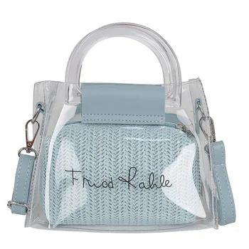 

New Fashion Transparent Pvc Jelly Handbag Two Piece With Straw Zipper Purse Female Small Sweet Crossbody Bags Shoulder Pouch