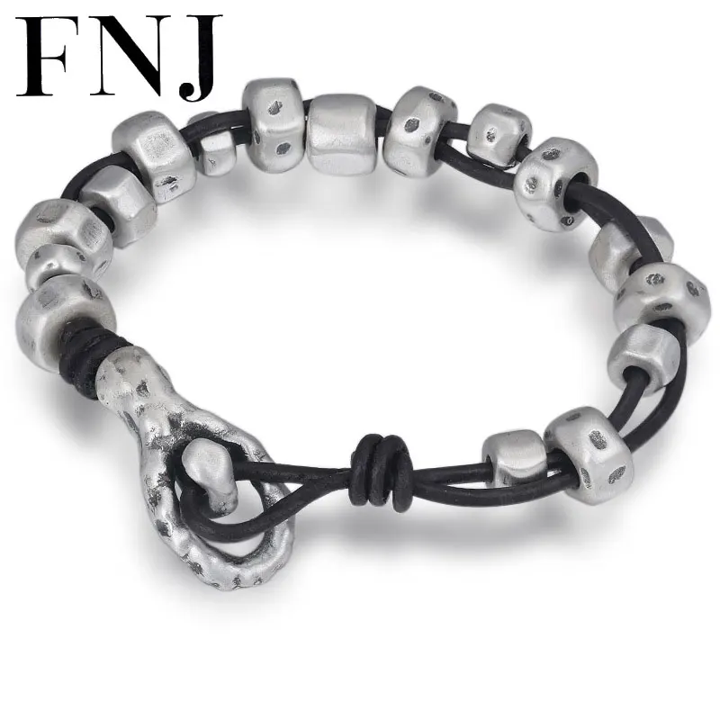 FNJ 19 см Кожаный браслет 999 серебряные бусины-шармы модные оригинальные Pure S999 серебряные браслеты для мужчин Ювелирное Украшение в подарок на день рождения из бисера