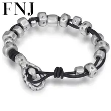 FNJ 19 см Кожаный браслет 999 серебряные бусины-шармы модные оригинальные Pure S999 серебряные браслеты для мужчин Ювелирное Украшение в подарок на день рождения из бисера