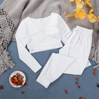 

Autumn Women Pajama Set Home Suit Thin Slim Long Sleeve Ladies Pijamas Knit Sleepwear Sexy Deep V Short Tops+Drawstring Pants