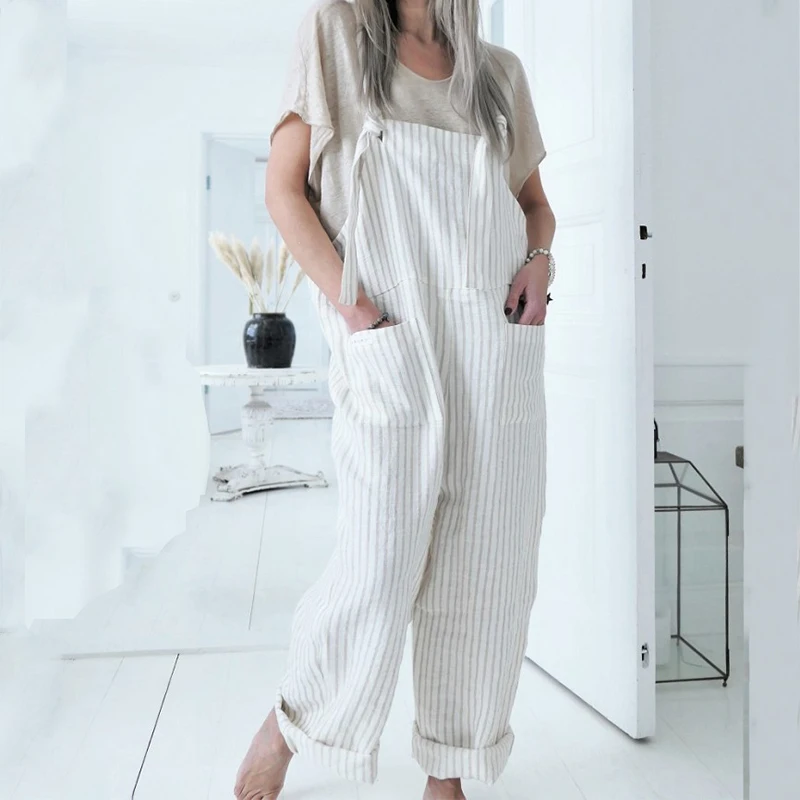 

Womens New Fashion Striped Wide Leg Jumpsuit Strappy Pants Loose Jumpsuit Baggy Trousers Overalls Pants