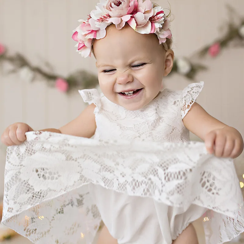 

Baby Girls Romper Dress 2019 New Summer Lace Flower 1 Year Birthday Dresses White Backless Newborns Princess Clothing