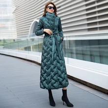 Яркий пуховик для женщин длинный зима белый утиный пух пояс утолщенный до лодыжки Экстра длинное пальто 6001