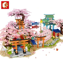 SEMBO Sakura Blocks Creator City Cherry Blossom Mini Street View Japanese Sakura House Tree Model Building Blocks Children Toys