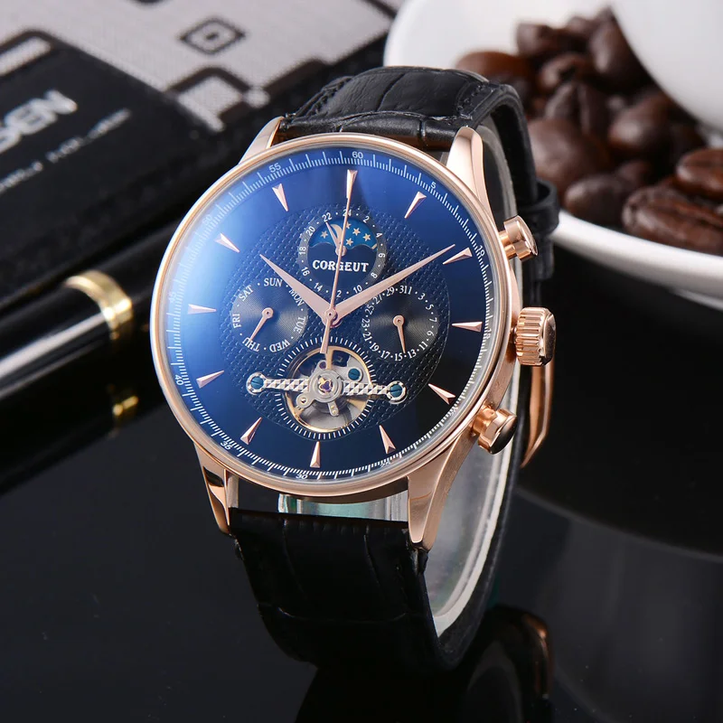 

Corgeut Skeleton Mechanical Automatic Watch Men Sport Top Luxury Brand Moon Phase Watches Rose Gold Leather Hombre Wrist Watches