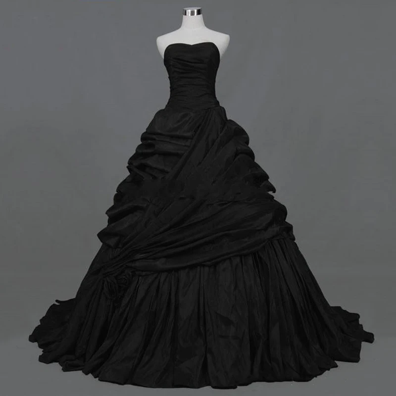 

Vintage Gothic Victorian Black Wedding Dresses Sweetheart Corset Back Pick-Ups Ruffles Wedding Taffeta Non White Bridal Gowns
