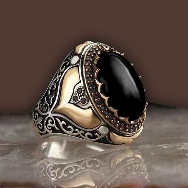 Styles Vintage Handmade Turkish Signet Ring For Men Women Ancient Silver Color Black Onyx Stone Punk Rings Religious Jewelry
