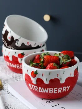 

Cute Ceramic Bowl Relief Craft Strawberry / Chocolate Breakfast Bowl Fruit Salad Bowl Oatmeal Bowl Dinner Plate Cup