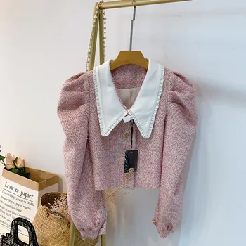 

Cute Pink Cropped Jacket WOmen Fashion Peter Pan COllar PUff Sleeve Single Breasted Short Tweed Jacket coats Autumn WOmen tops