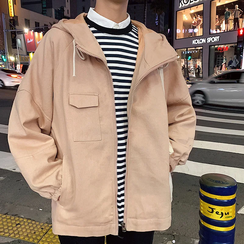 

Hooded Jacket Men's Fashion Solid Color Cotton Casual Jacket Man Streetwear Wild Loose Hip Hop Bomber Jacket Mens Outwear S-2XL