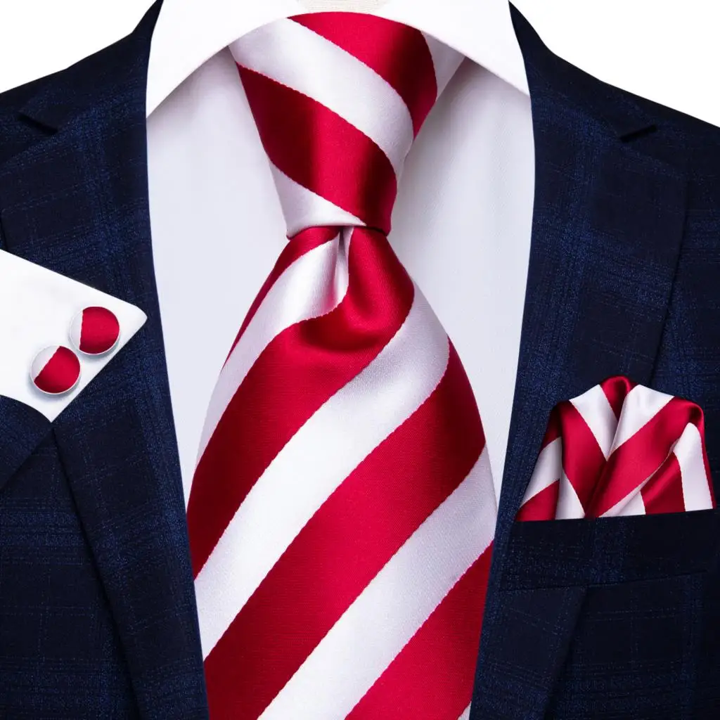 Neck Tie Hi-Tie White Black Red Striped Novelty For Men Silk Wedding Gravat Hanky Cufflink Fashion Design Business
