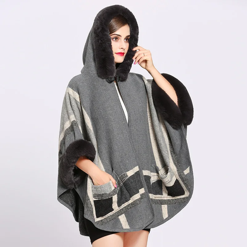 

New Cloak For Women 2021 Winter Thick Faux Fur Patchwork Hooded Knitted Cardigans Loose Plus Size Capes Plaid Office Lady Coats