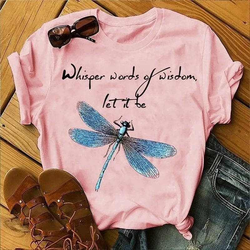 Teen Girls Dragonfly Print o-Neck Striped Casual Loose Tee Blouse Sports Party Shirt Tops Long Sleeve t Shirt Women