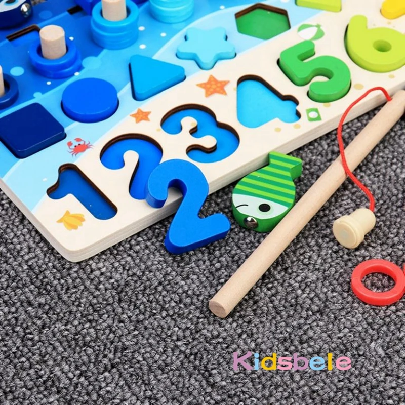 Juguetes de matemáticas Montessori para niños pequeños, rompecabezas de madera educativo, juguetes de pesca, conteo de números, forma, clasificador a juego, juegos de mesa