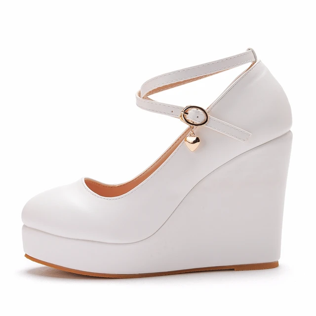 Crystal Queen White Platform Wedges Pumps Women High Heels Shoes Round Toe Cross Ankle-Strap Large Sizes 2