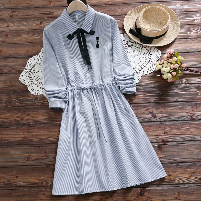

2018 Autumn And Winter New Style Japanese-style Mori Girl Line Fold-down Collar Stripes Lace-up Embroidered Kitten Long-sleeved