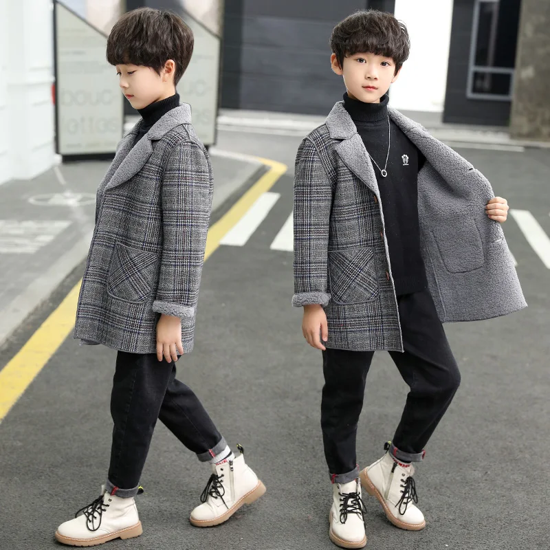 Boys Woolen Coat New Fall Winter Clothes Children Fleece-lined Woolen Jacket Teenager Kids Casual Plaid Velvet Outerwear