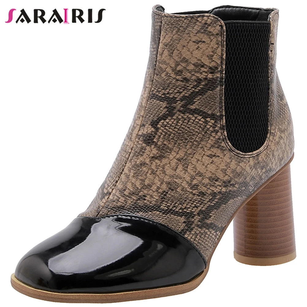 

SARAIRIS Sexy Female High Round Heels Chelsea Boots 2020 Mixed Colors Casual Winter Boots Women Snake Print Ankle Shoes Woman