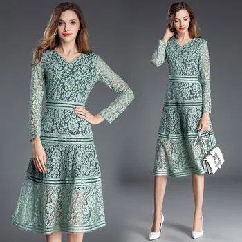 

HAMALIEL High Quality Luxury Autumn Women Dress 2019 Elegant Long Sleeve Hollow Out Lace V Neck Female Slim Midi Party Vestidos