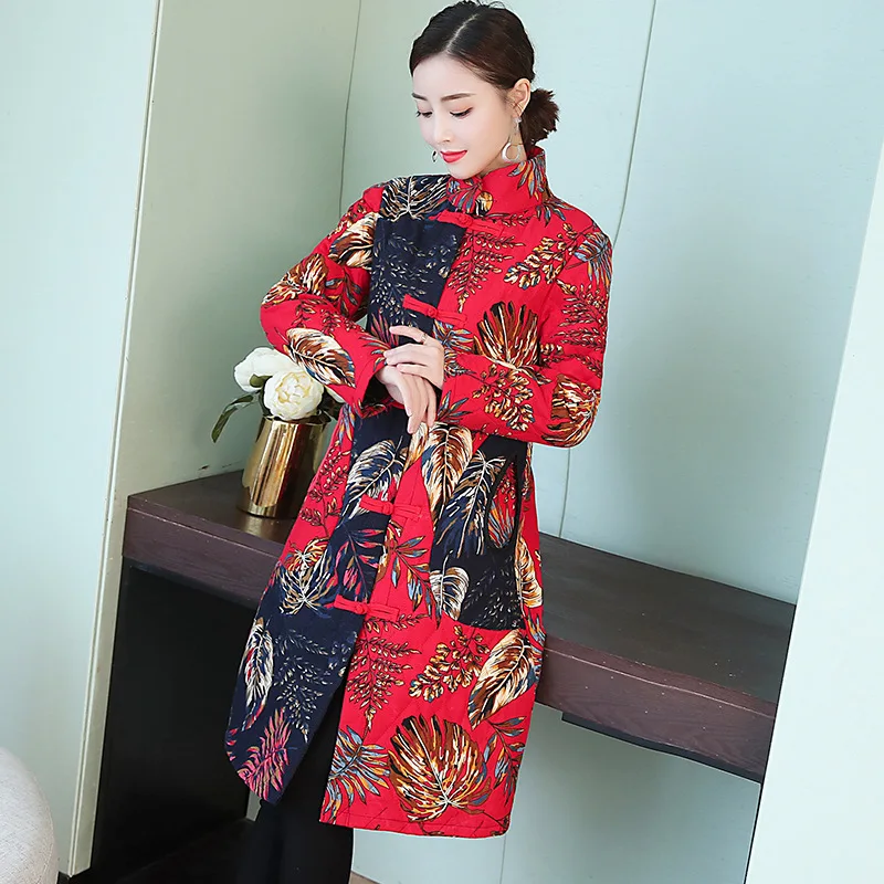 

2019 Winter New Style Ethnic-Style WOMEN'S Dress Cotton-padded Jacket Loose And Plus-sized Printed Cotton Linen Thick Mid-length
