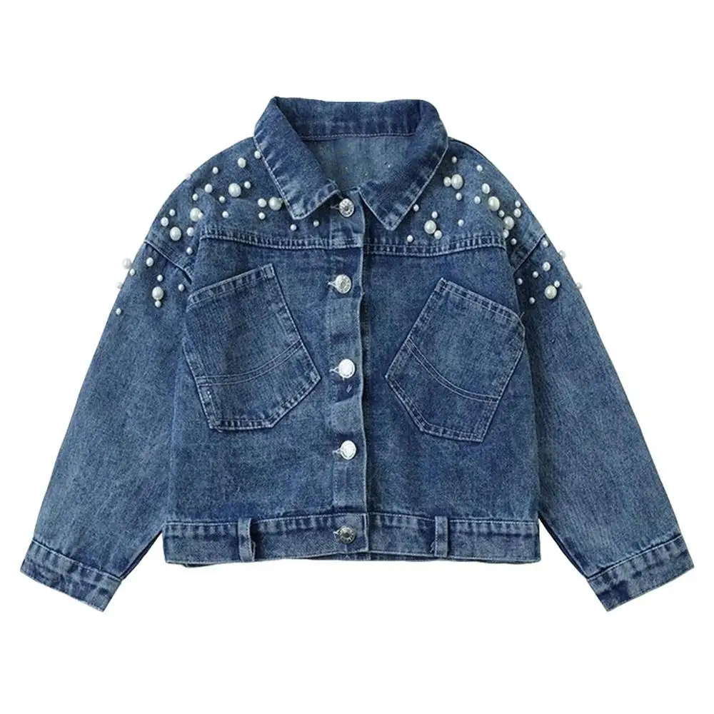

Teenager Fashion Denim Jackets For Girls Embroidery Pearl Tassel Children Outerwear Windbreaker Kids Beading Jeans Coat