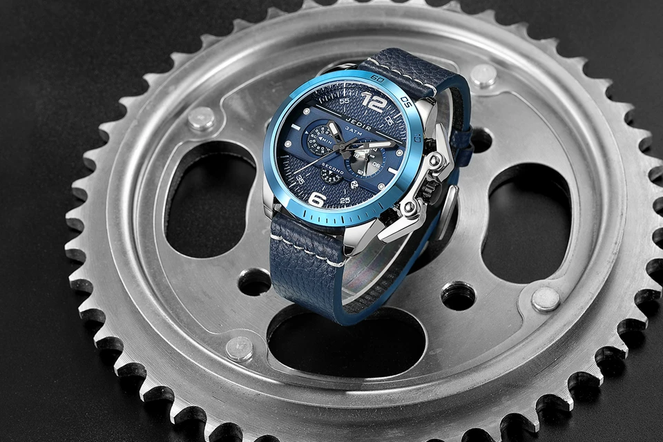 Large Dial Personality Men's Quartz Chronograph Watches Blue Leather Strap Fashion Sports Watches Male Clock Relogio Masculino