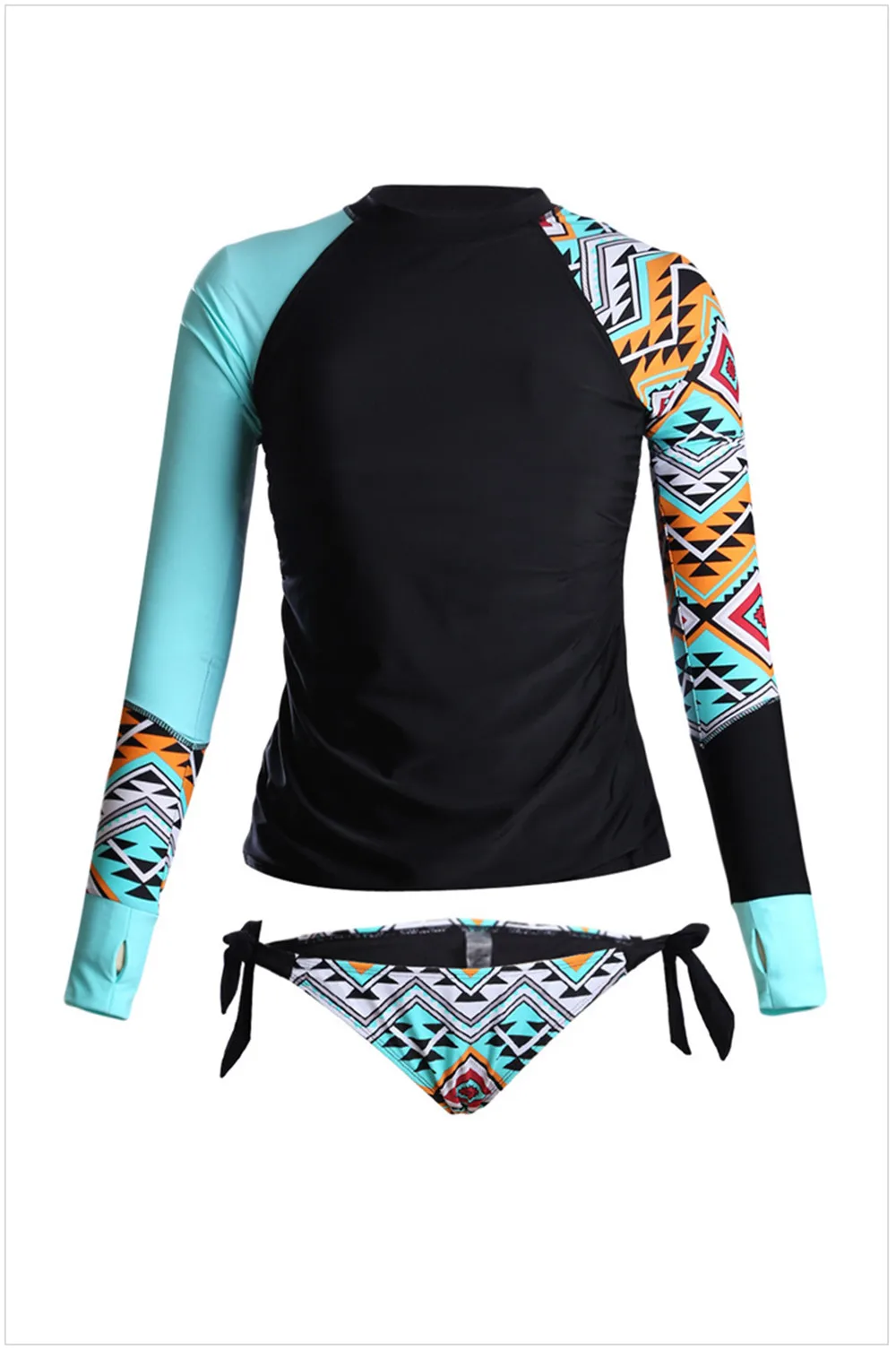2020 Womens Long Sleeve Rashguard Geometric Print Shirt Side Ties Color Block Two Piece Tankini Swimsuit 410485 (5)