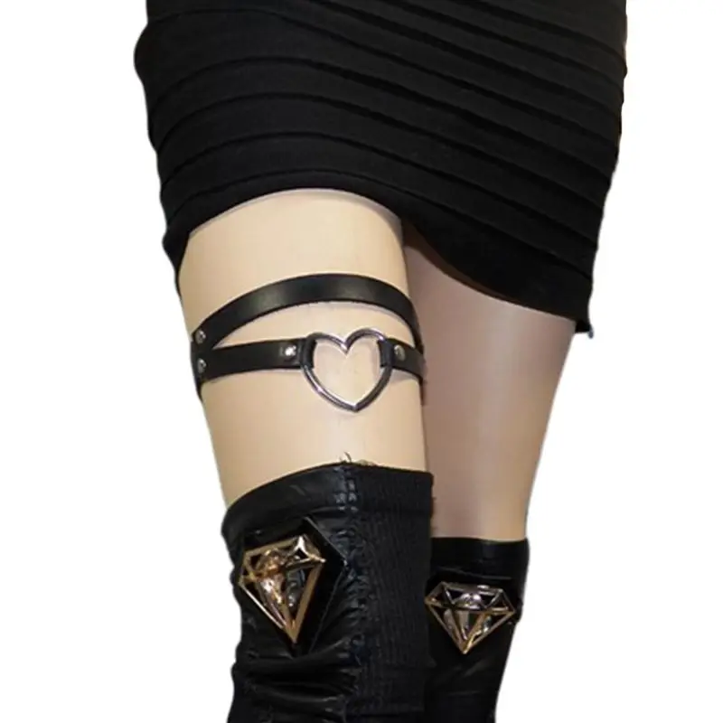 

Womens Adjustable 2 Rows Faux Leather Sexy Leg Thigh Harness Garter Belt Punk Gothic With Hollow Heart Metal Ring Party Costume