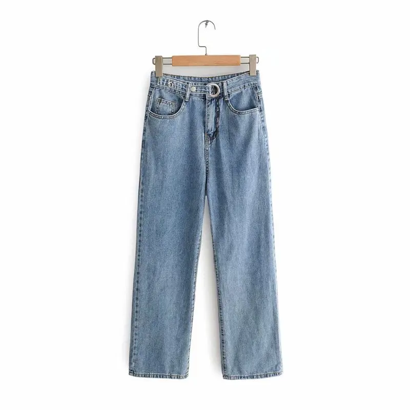 

Juliet 53-9106 European and American Fashion Metal Button Decorative High-waist Broad-legged Jeans