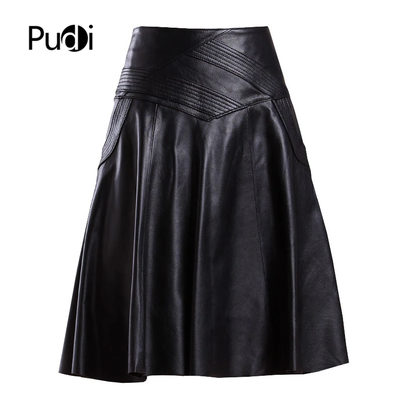 PUDI Women Genuine Leather Skirt Famele Girl Real Sheep Skin A-line Black Color Skirts ST003 | Женская одежда
