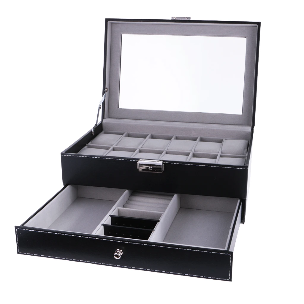 Double Layer Glasses And Watch Box Display Case-Leather Portable Storage Box With Transparent Glass