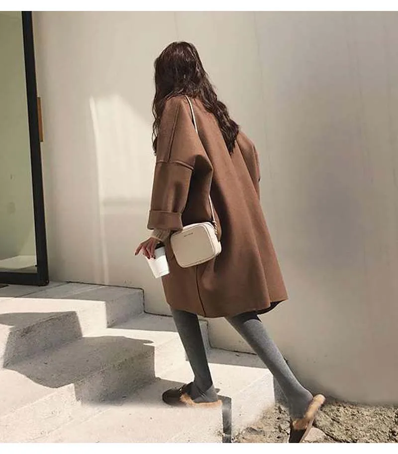 Осенне-зимнее модное женское длинное коричневое черное пальто женское Шерстяное повседневное однотонное Свободное пальто оверсайз плюс размер CA3274