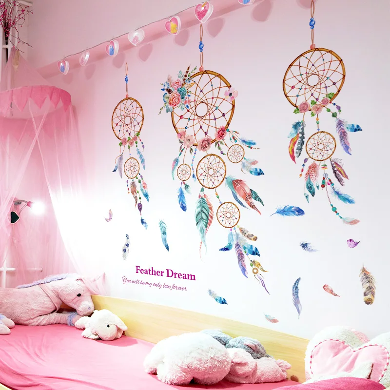 Cartoon Girl Mural Decal Kid Rooms Decoration Dreamcatcher Feathers Wall Sticker