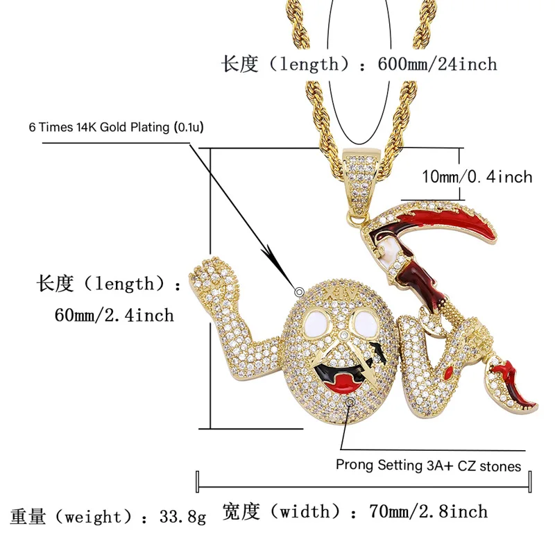 AAA+ Кубического циркония вымощенный Bling из личности смерть Мрачный Жнец косой Подвески Цепочки и ожерелья для Для мужчин в стиле хип-хоп, ювелирные изделия
