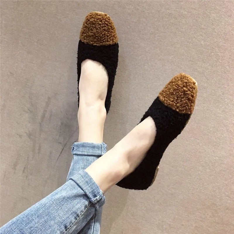 Patchwork Wool Flats Shoes Woman Winter Polar Fleece Loafers Espadrilles Ballet Ladies Sheep Fur Shoes Women Ballerina Moccasins - Цвет: Черный