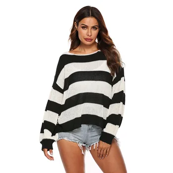 

Autumn Women Sweater Top New Wild Loose Sweater Lazy Wind Striped Word Collar Long Sleeve Knit Sweater Women