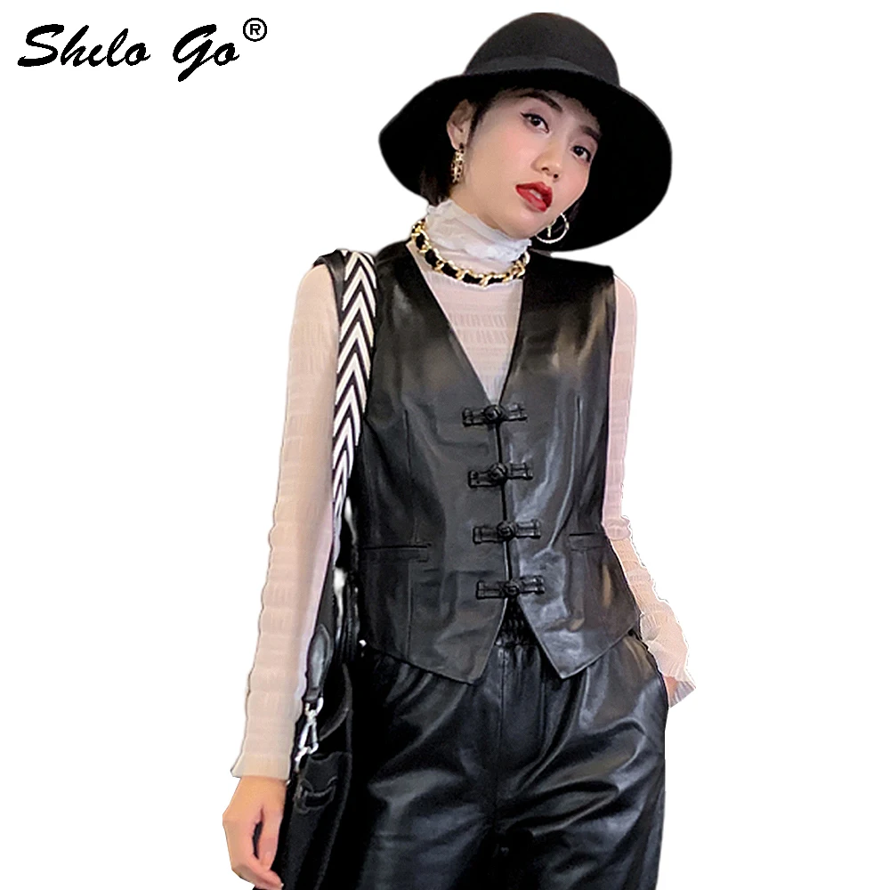 

Leather Vests Minimalist Vintage V Neck Sleeveless Sheepskin Vests Women Spring Casual Black Fit Outwear Female