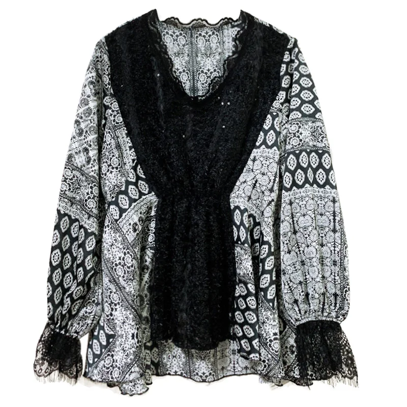 black GCC3282 XITAO, леопардовая кружевная блузка, модная, новая, женская, из кусков, элегантная, маленькая, свежая, повседневная, длинный рукав,, весенняя, миноритарная рубашка, GCC3282 - Цвет: black GCC3282