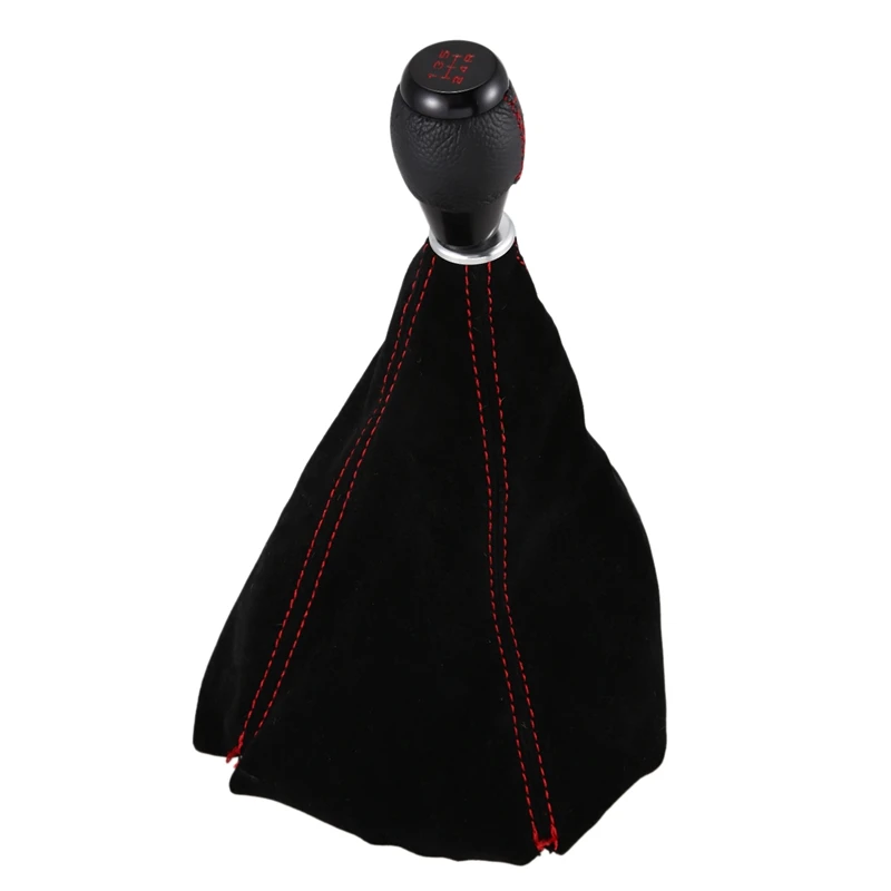 5 Speed Black Leather Shift Knob+Suede Boot Red Stitch Combo for Honda