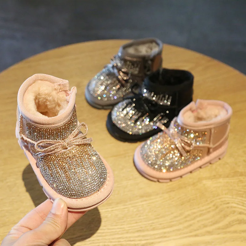 Baby Girl Rhinestone Toddler Shoes Winter 0-3 Years Old Soft Bottom Non-slip Toddler Baby Crystal Warm Shoes Snow Boots