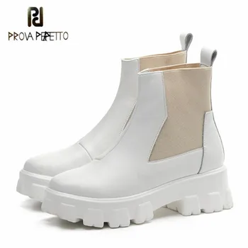 

Prova Perfetto Temperament Ankle Boots Women Thick Bottom Round Toe Colour Mixture Shallow New Genuine Leather Botas Feminina