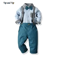 Топ и топ, Модный комплект одежды джентльмена для мальчиков, хлопковая рубашка с длинными рукавами и бантом Топы+ брюки на подтяжках повседневные комплекты для мальчиков
